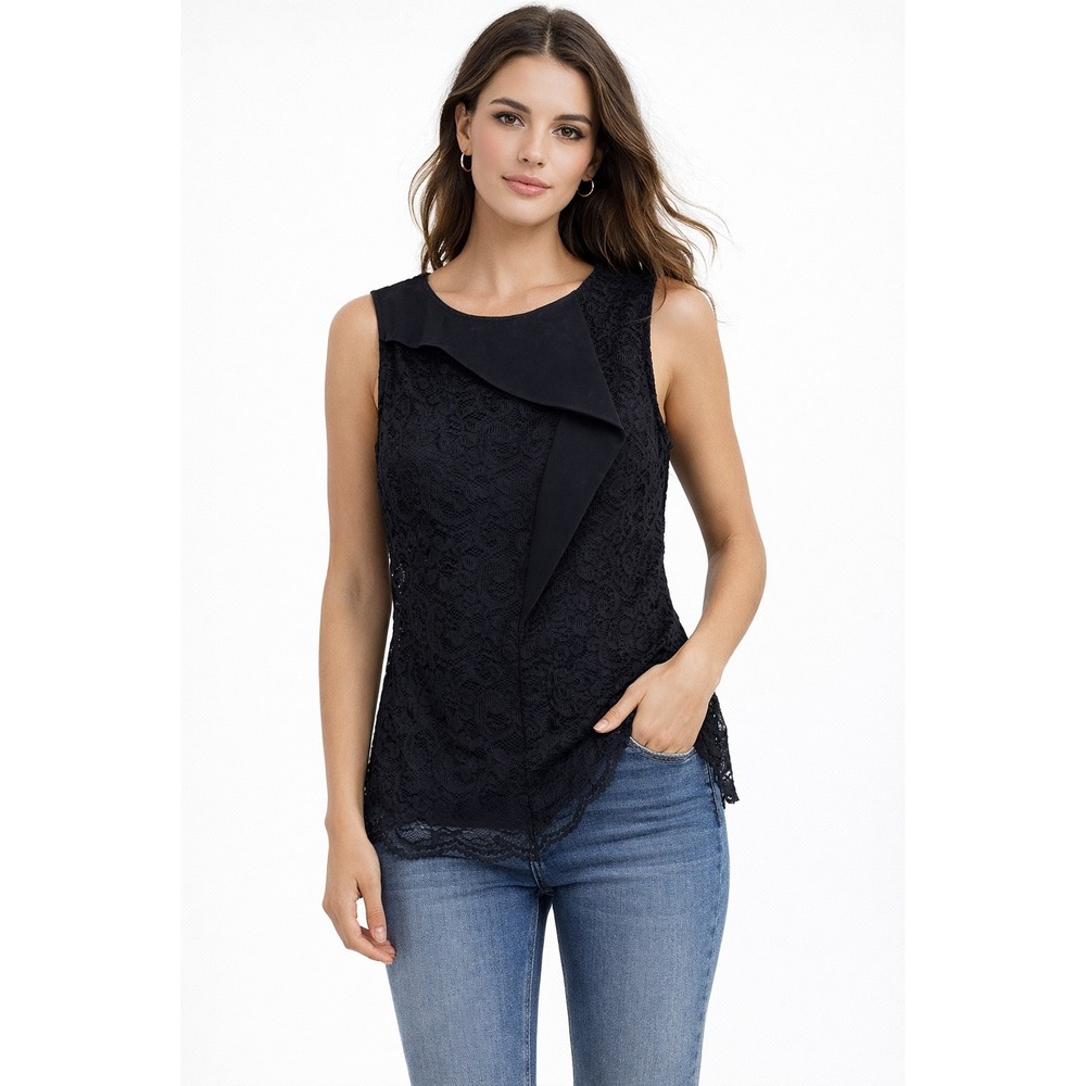 Tahari Black Lace Overlay Sleeveless Top Sheath Style Zipper Back Women's Size 4